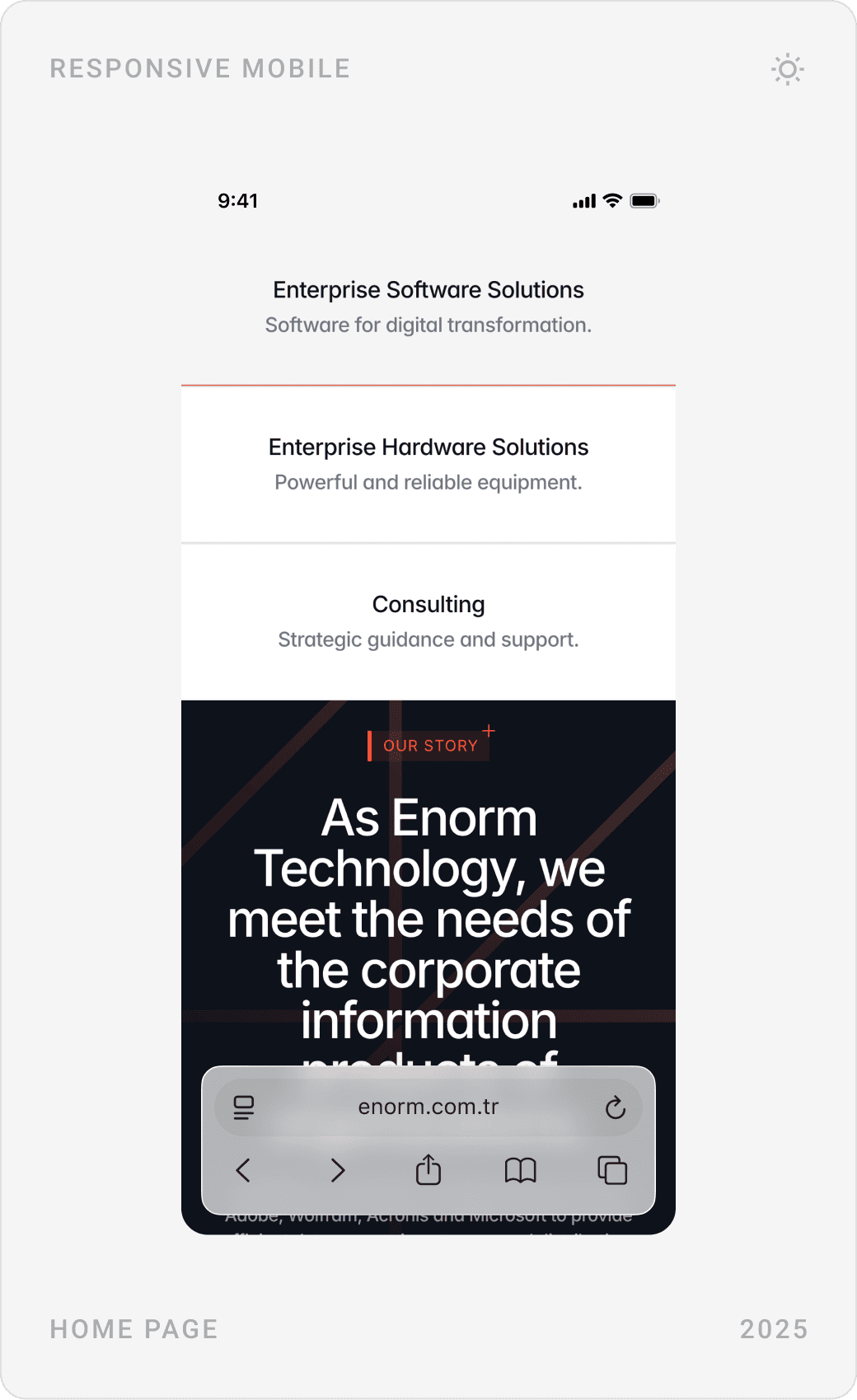 Enorm mobile homepage: hero, Adobe Creative Cloud brand card and the software, hardware and consulting menu