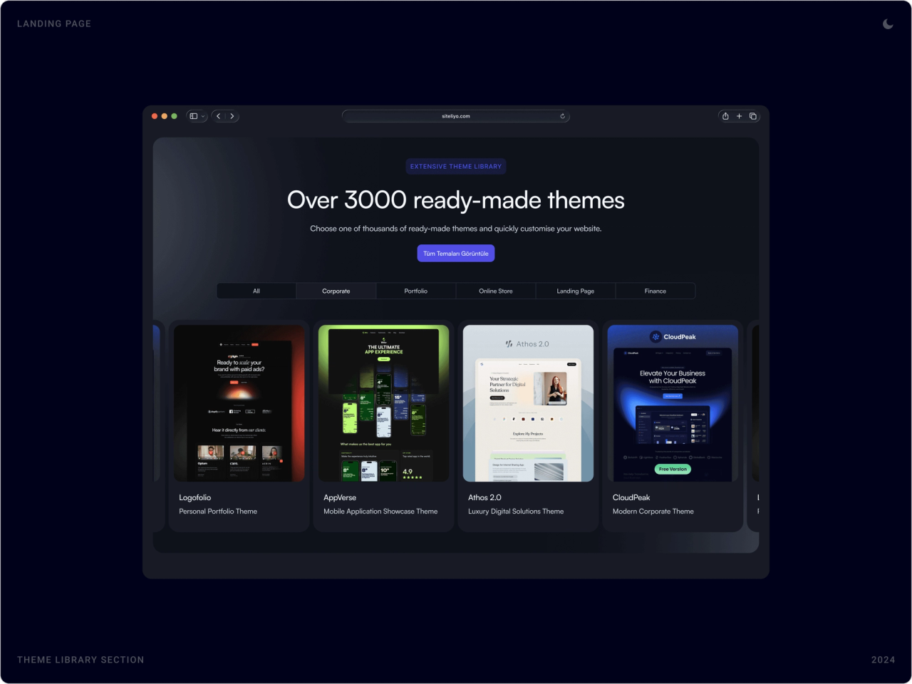 Dark theme library section with category tabs and a carousel of portfolio, app and corporate website themes