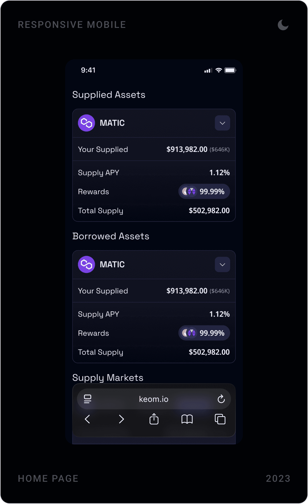 KEOM mobile home: zkEVM bridge banner with risk bars, supplied and borrowed assets, and supply markets with footer