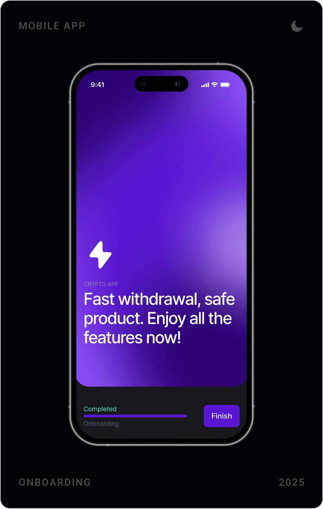 Three onboarding screens: create your own watchlist, create or cancel orders in seconds, and fast withdrawal with a Finish button