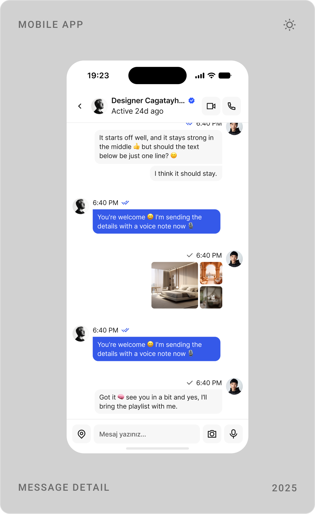 Message detail with photos and replies, an incoming call screen and the message list