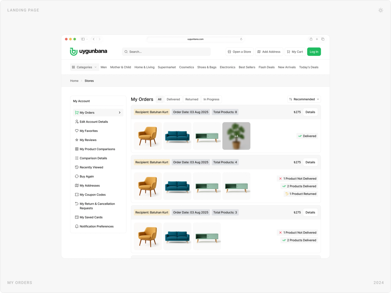 My Orders page on desktop with orders grouped by store, delivery status and the account menu