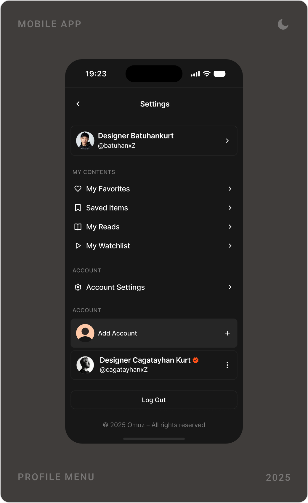 Dark mode profile menu with saved items and account settings, a full-screen profile photo and a profile page
