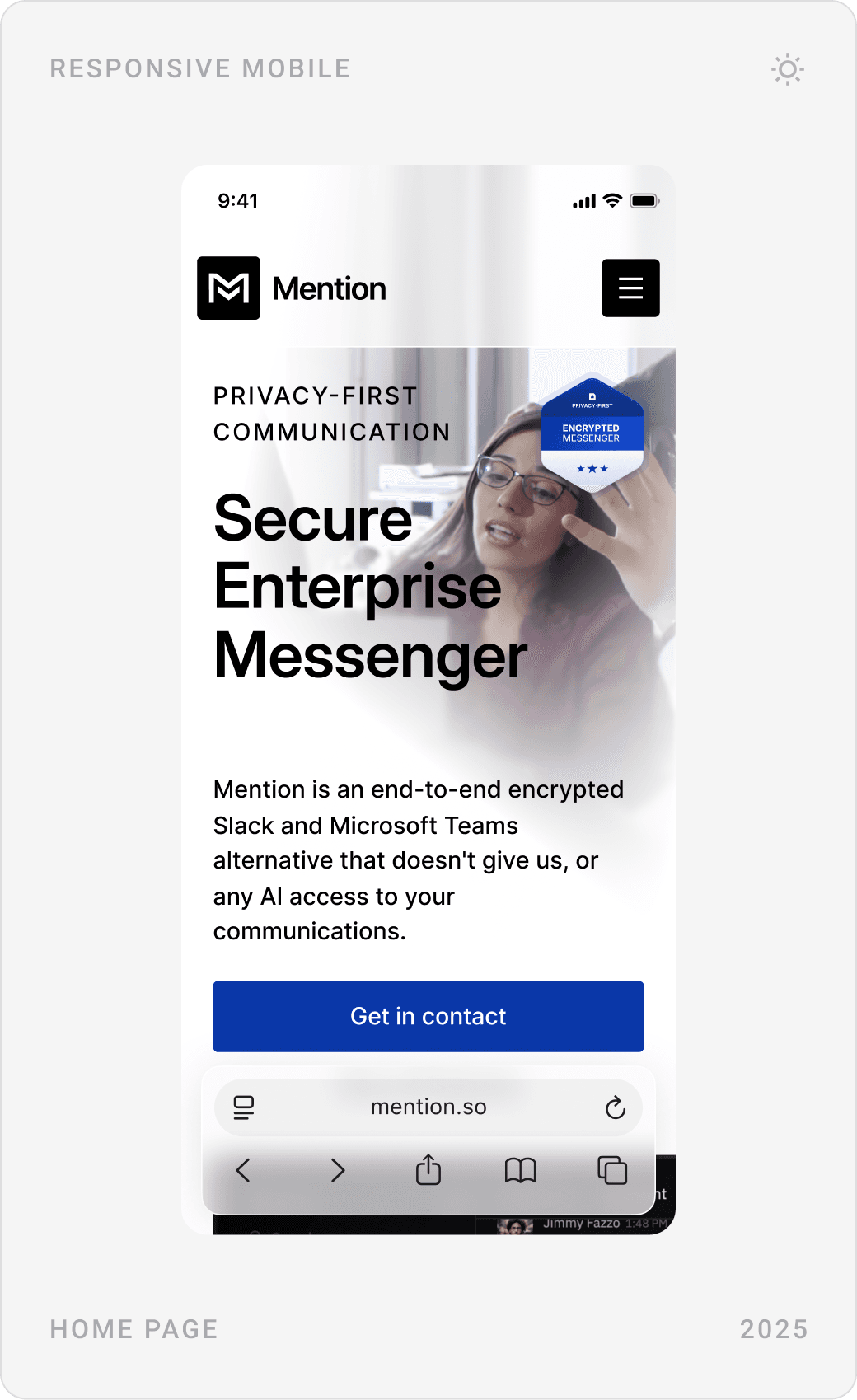 Mention mobile homepage: hero with Get in contact, feature tags, and the “Built for Trust. Proven Across Industries.” section
