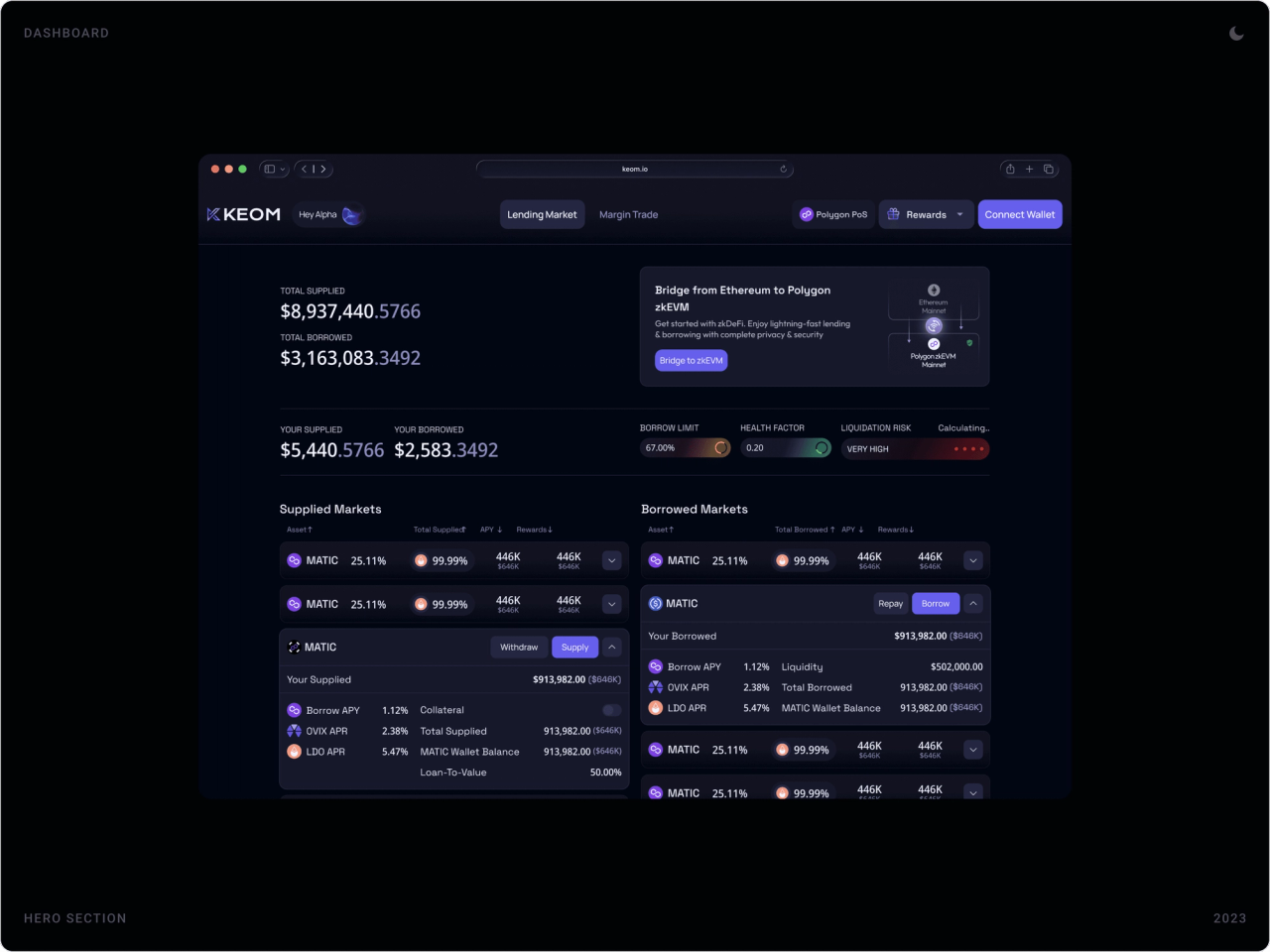 KEOM lending dashboard with total supplied and borrowed, borrow limit, health factor, liquidation risk and supplied and borrowed markets