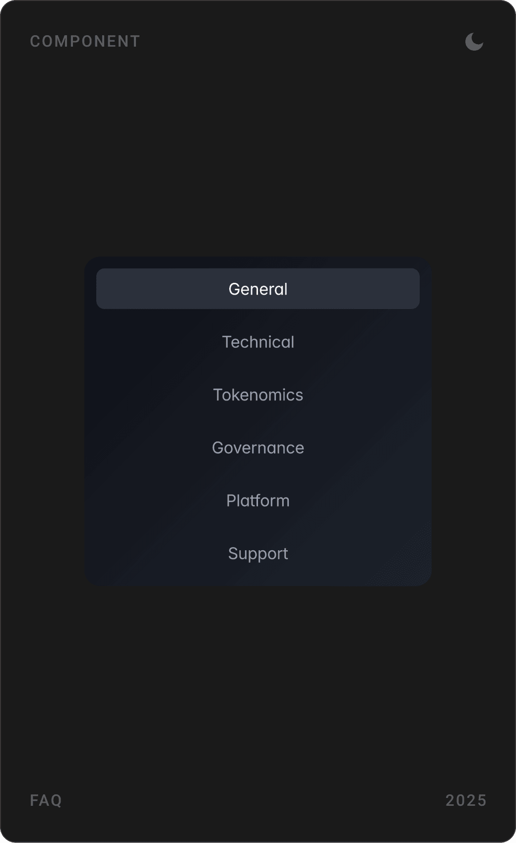 FAQ components: collapsed question list, topic menu from General to Support, and an expanded “What is MindSphere?” answer