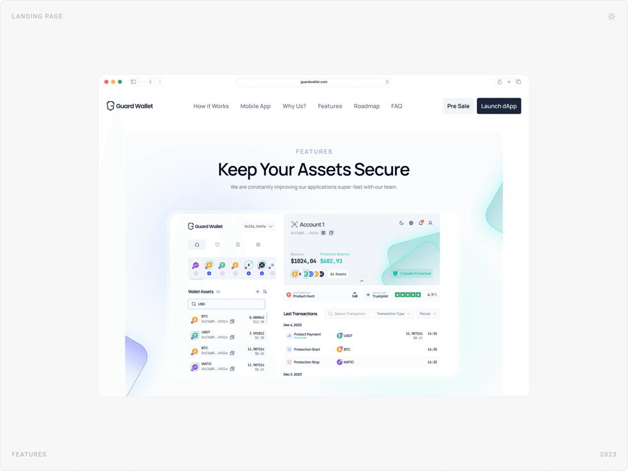 “Keep Your Assets Secure” features section showing the protection dashboard with balance and last transactions