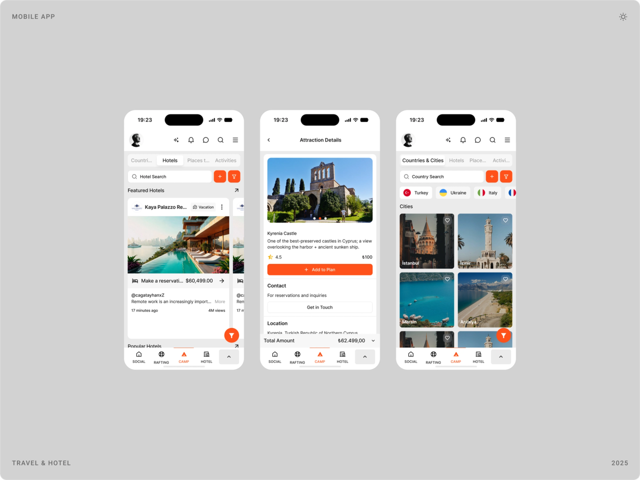 Travel and hotel screens: featured hotels, an attraction detail page and countries and cities