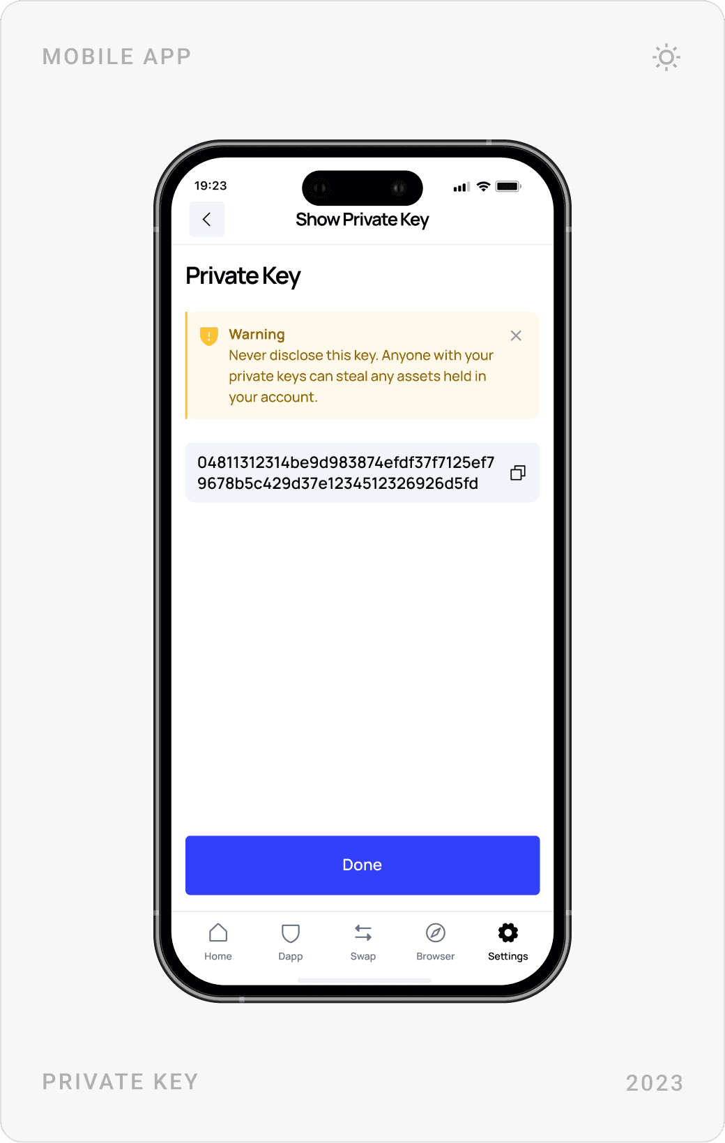 Transaction history screen, Enter Password screen with warning and keypad, and Show Private Key screen