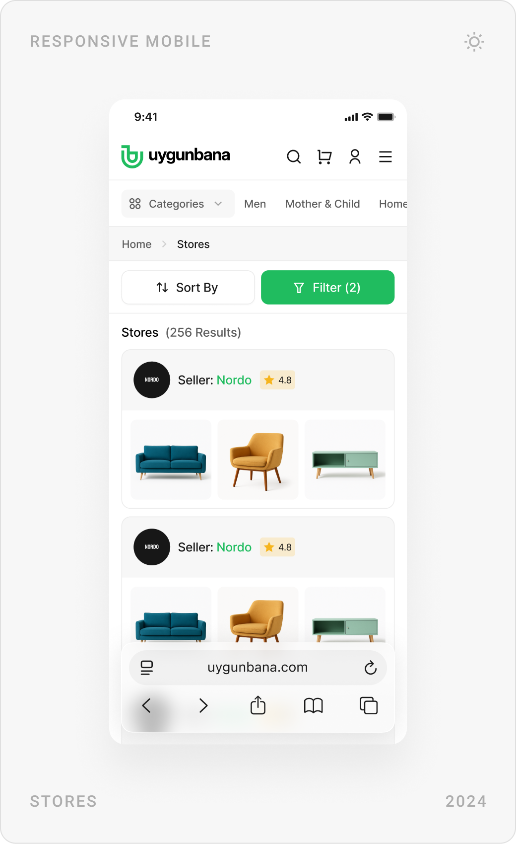 Mobile store page with follow and ask-the-seller buttons, the stores list, and a product comparison