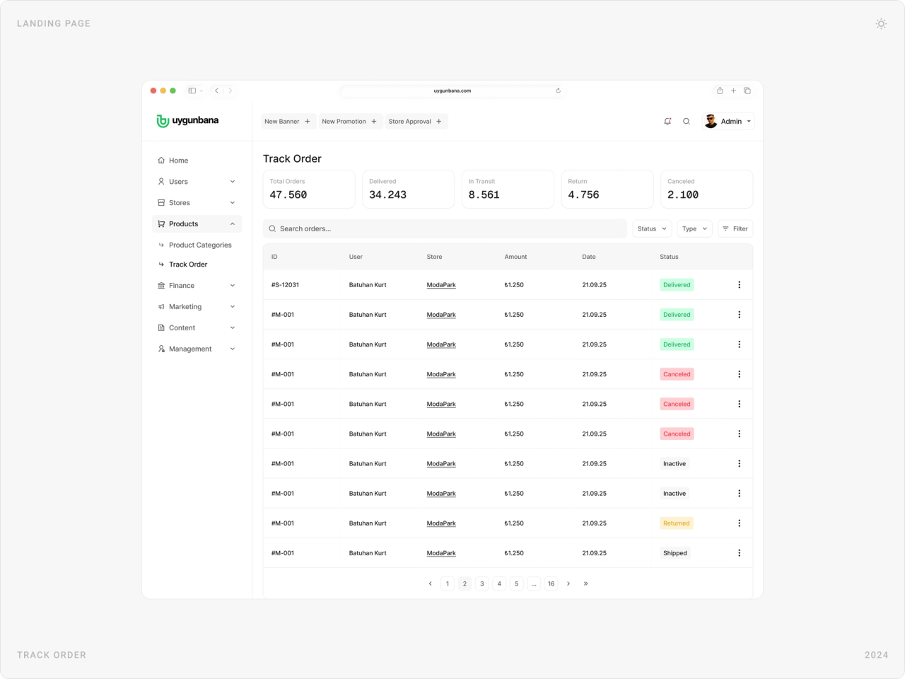Track order table for admins with delivered, in transit, returned and cancelled orders across stores