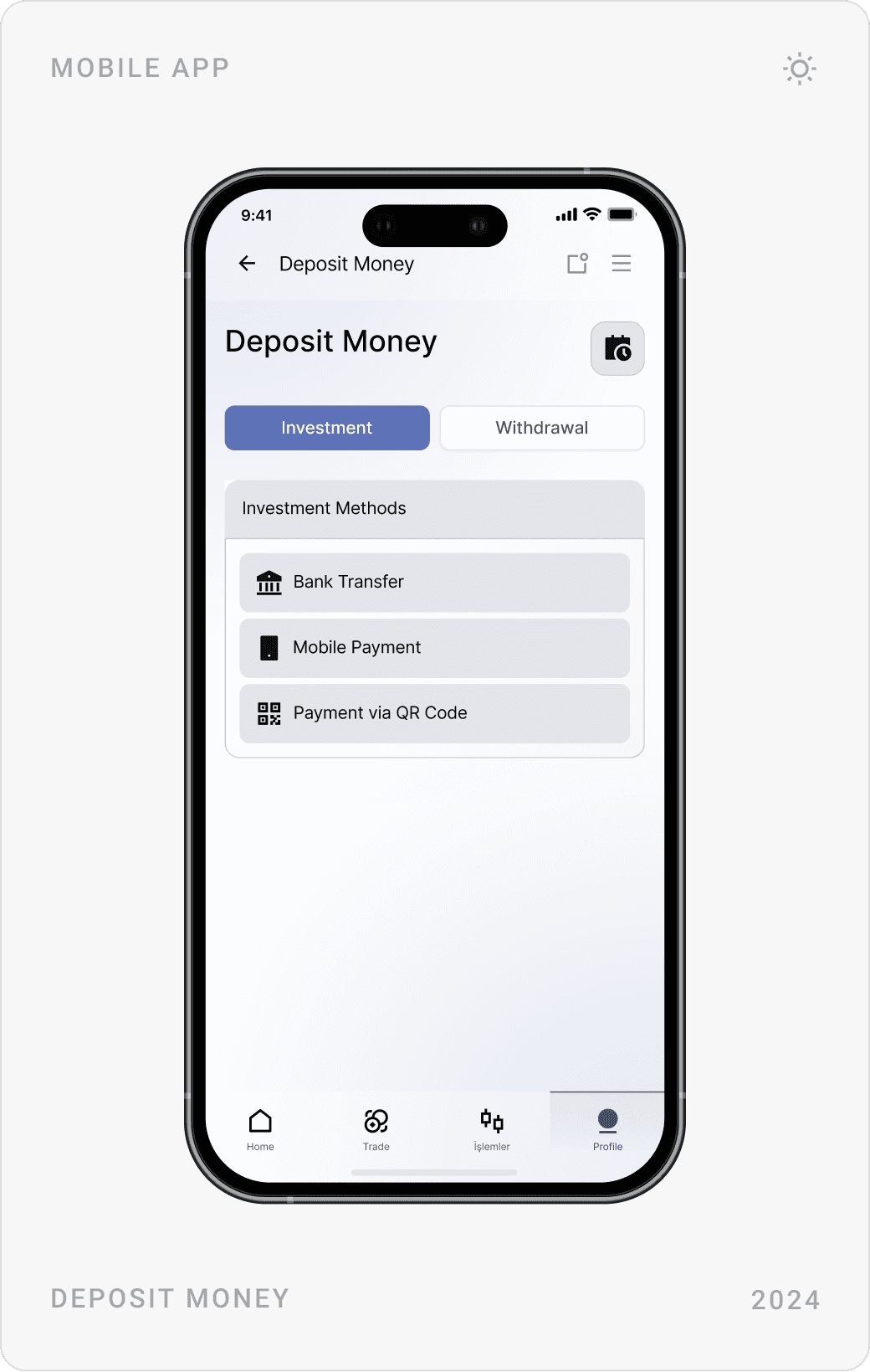 Light deposit money screen with payment methods, bank transfer with saved accounts, and a withdrawal form