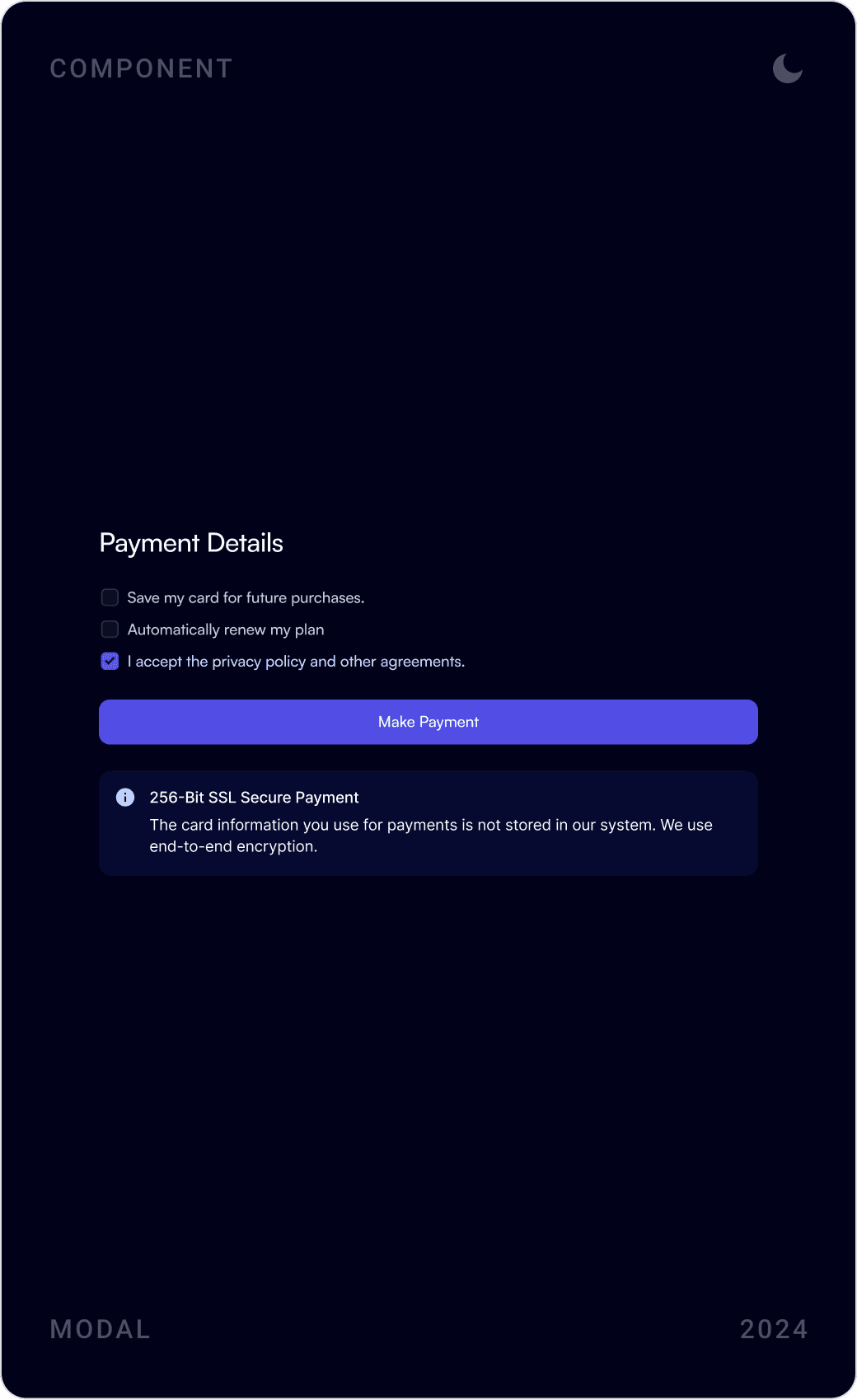 Dark payment modals: new card details, choosing between saved cards, and 3D Secure payment confirmation
