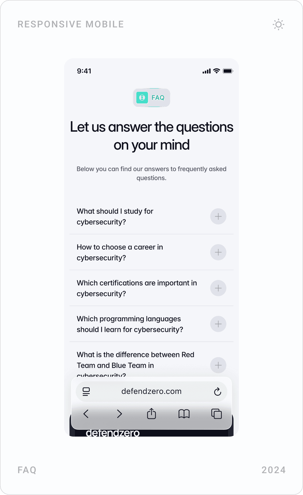 Mobile blog section, FAQ “Let us answer the questions on your mind” accordion, and dark footer with services and company links