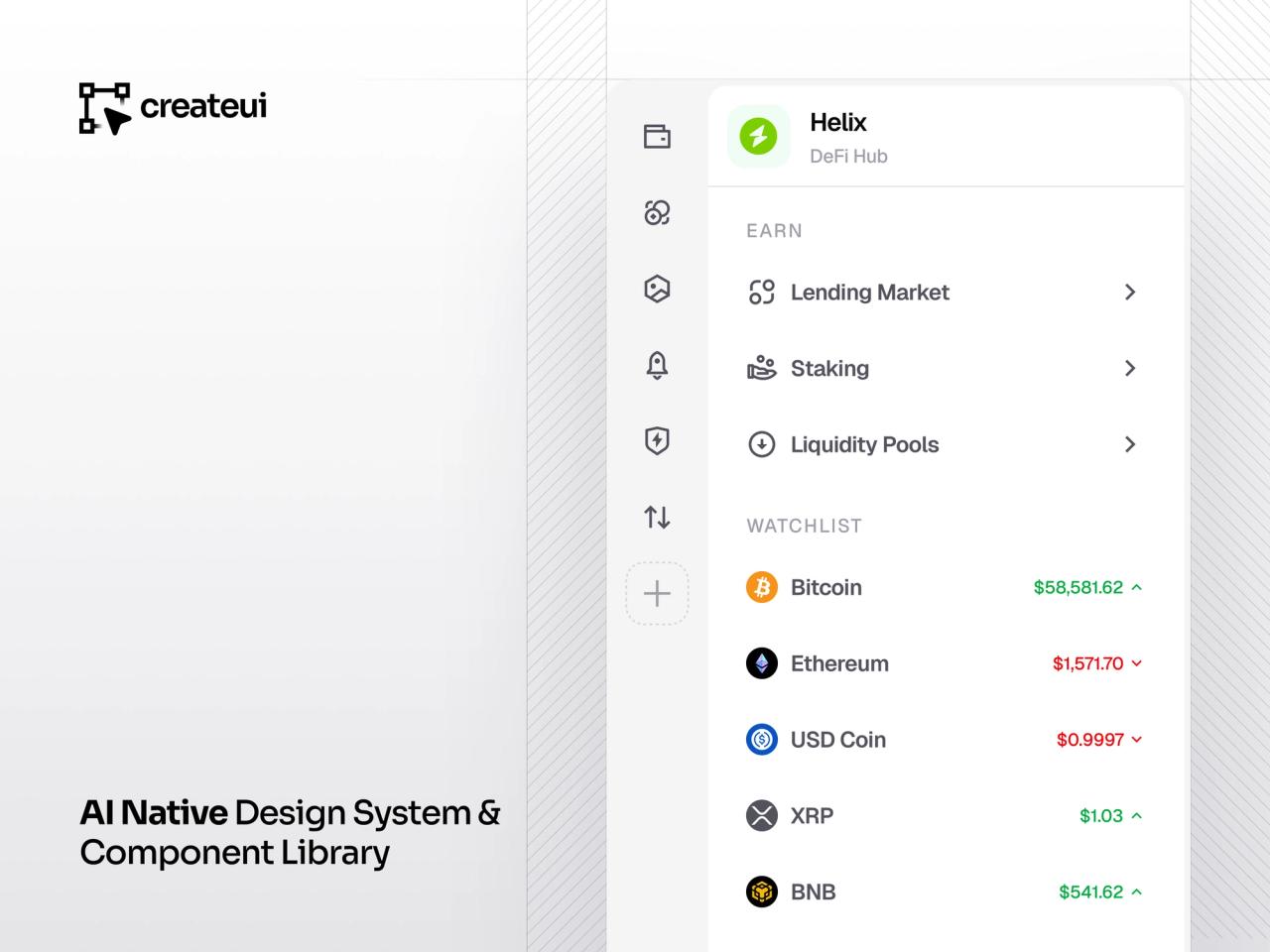 Sidebar navigation for a DeFi app and a header with announcement bar, breadcrumbs and user menu