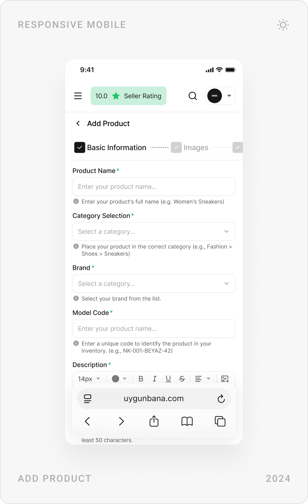 Mobile add product flow: image upload, product variants with prices, and basic information