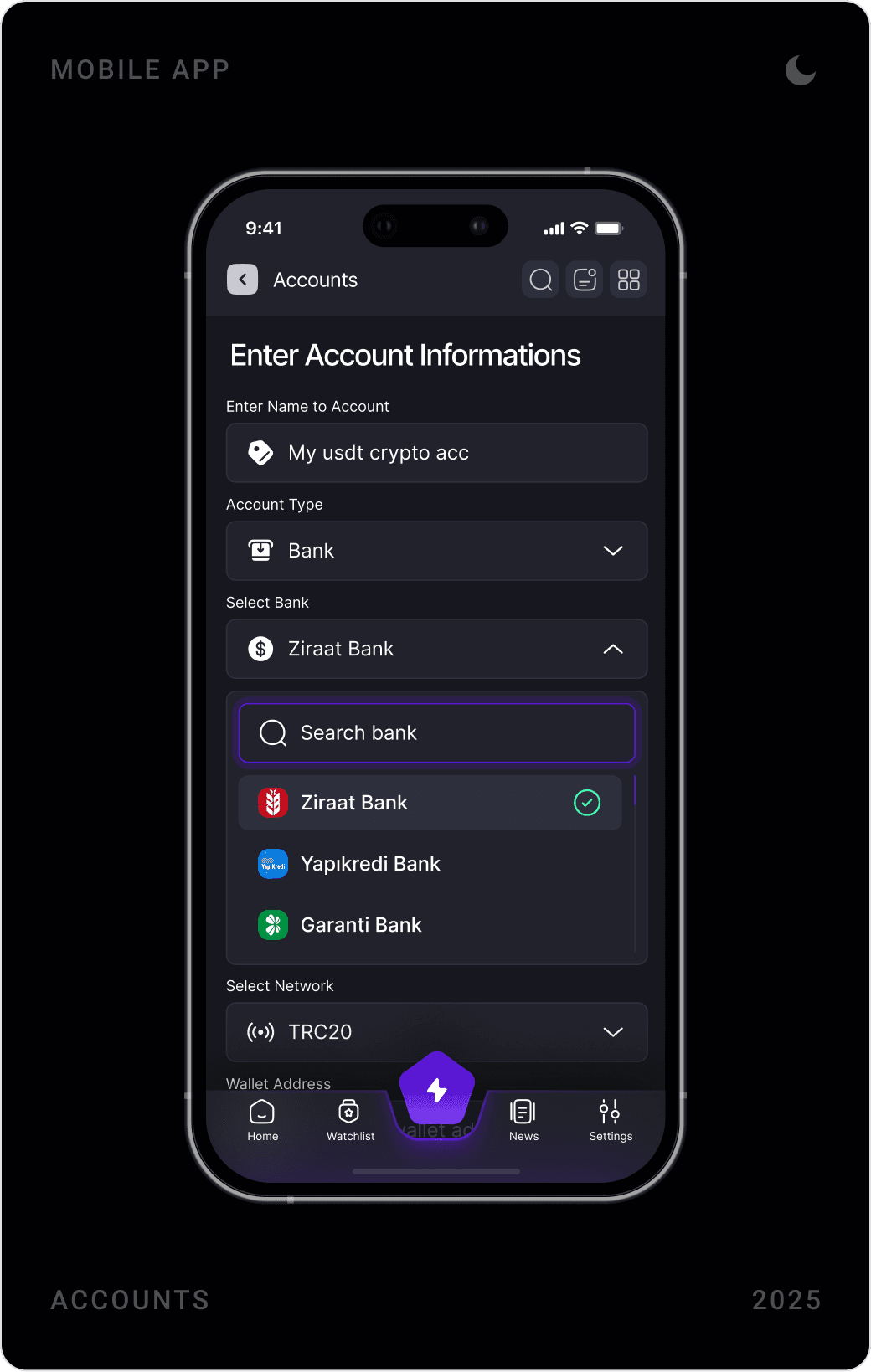 Wallet account list with banks and crypto assets, and Enter Account Informations forms for a crypto and a bank account