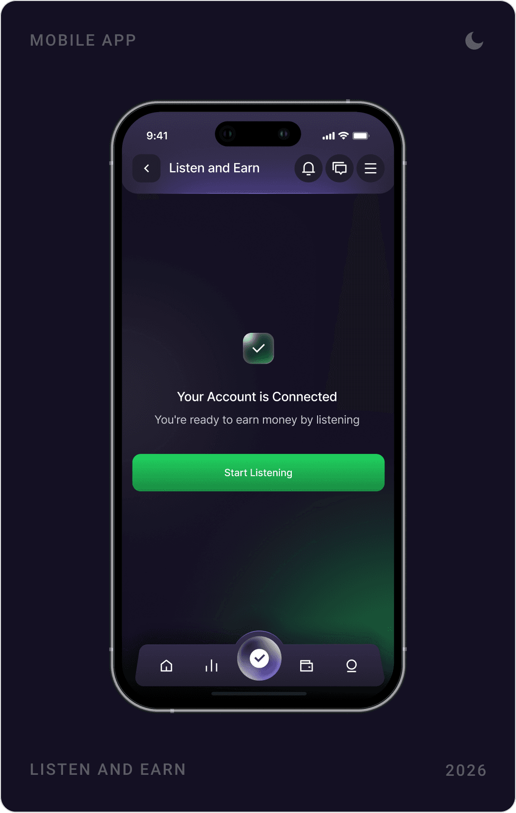 Listen and Earn screens: “Earn money by listening to music!” with Connect Spotify, account connected, and a list of songs with rewards