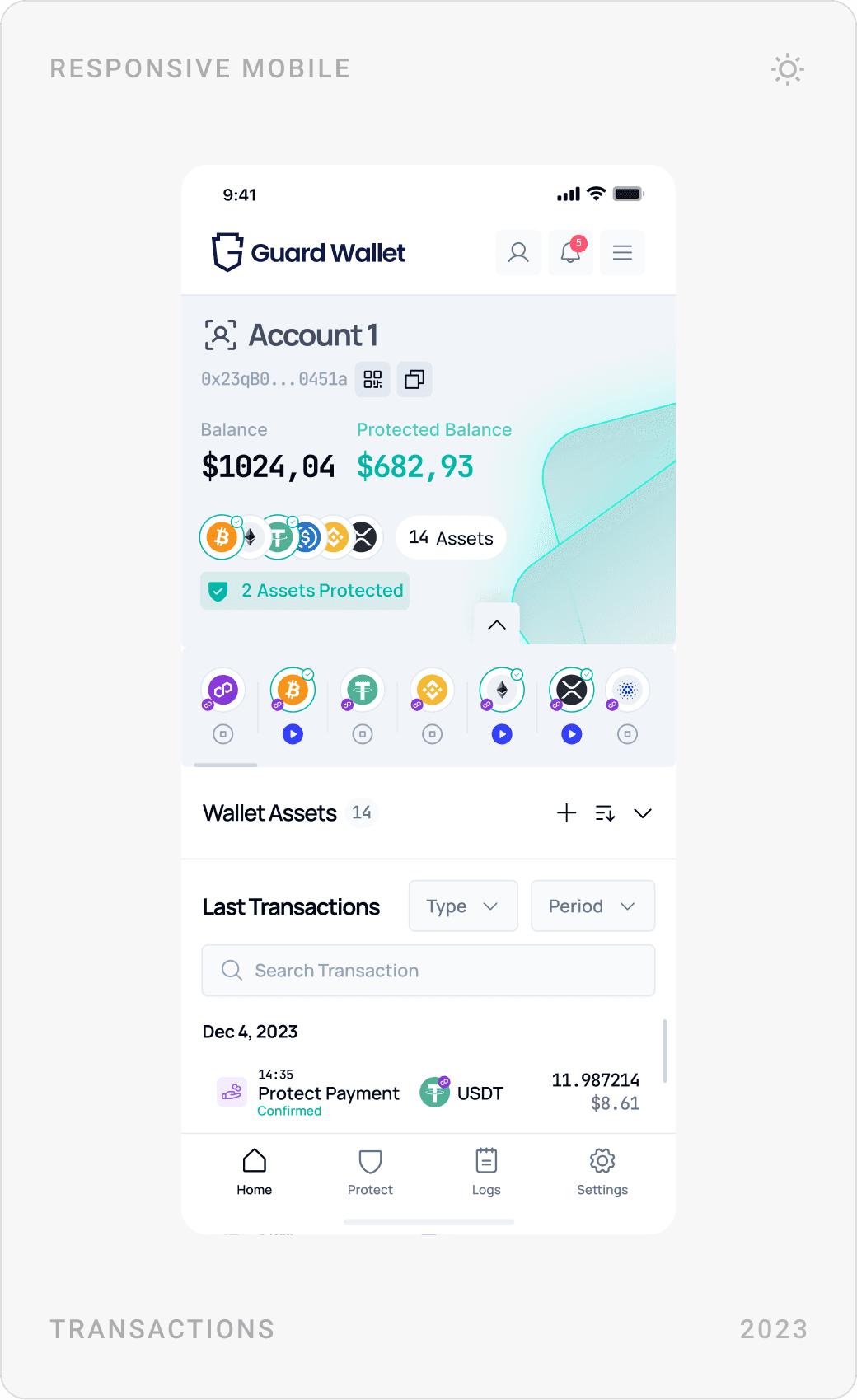 Responsive mobile dashboard: home with protection options, last transactions, and the checking frequency protection step