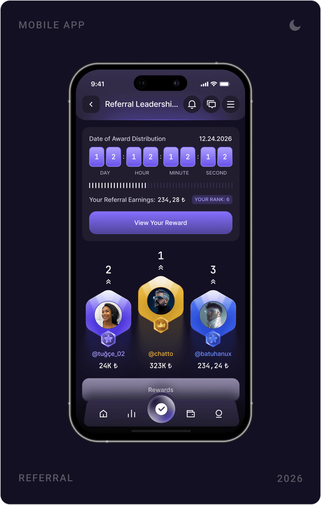My Referrals screen with earnings and referral link, a referral leaderboard with podium and countdown, and a rewards modal with three prizes