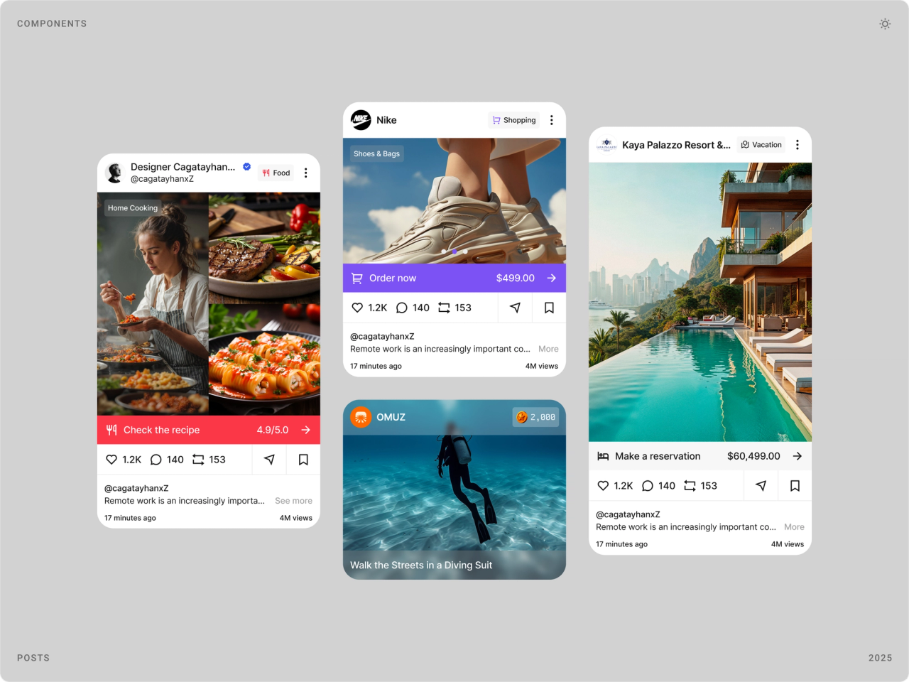 Feed cards for a food post, a Nike shopping post, a diving post and a hotel listing, each with a category tag