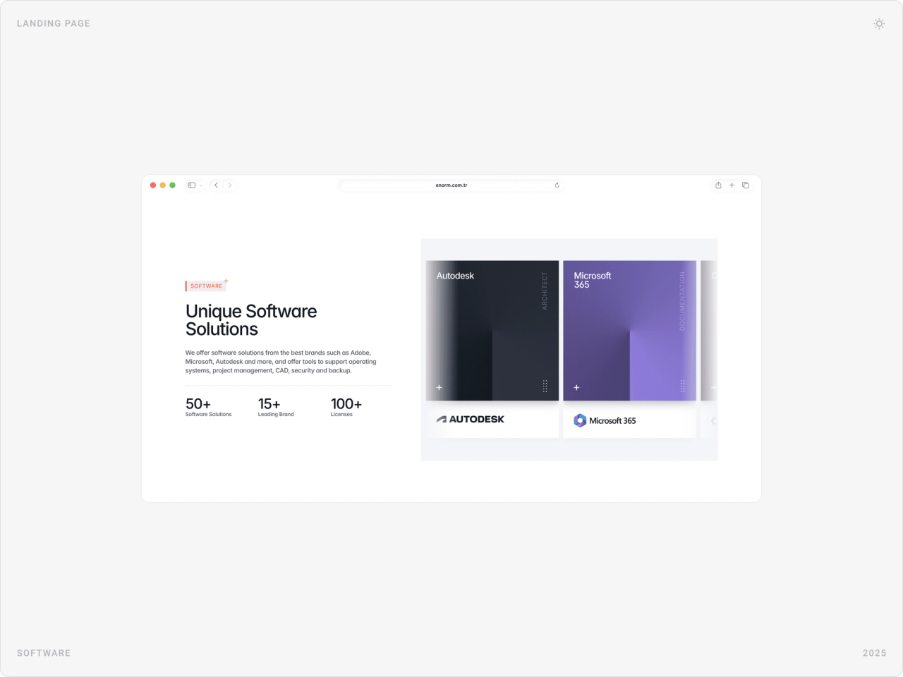 “Unique Software Solutions” desktop section with key figures and Autodesk and Microsoft 365 brand cards