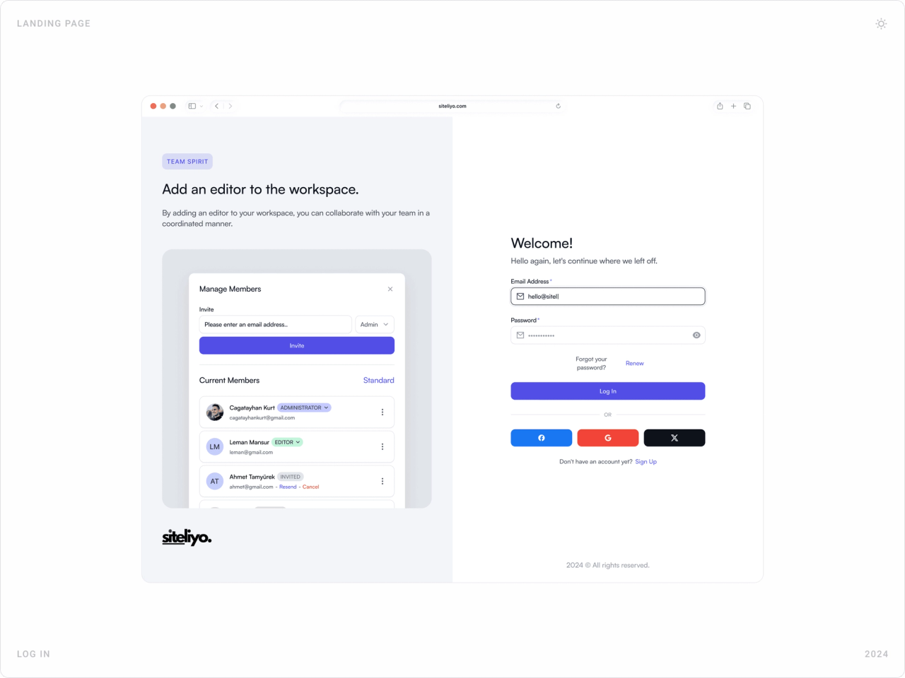 Log in page with a “Add an editor to the workspace” explainer showing team member management