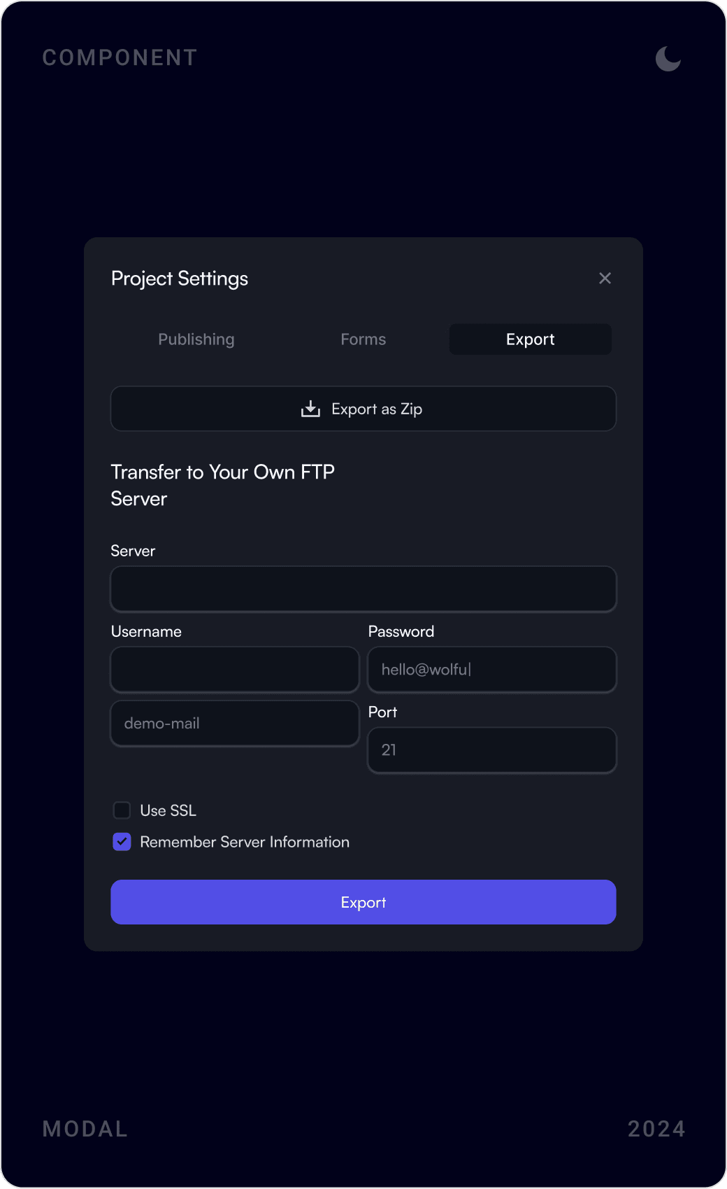 Dark mode modals: create new workspace, project export to zip or FTP server, and delete workspace confirmation