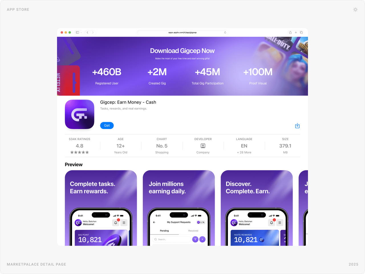 Gigcep: Earn Money - Cash store listing with app icon, ratings row and preview screenshots