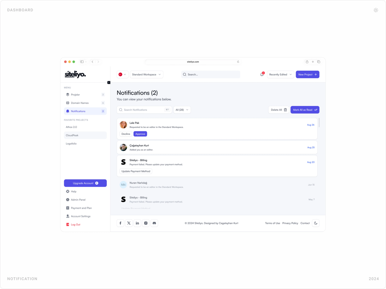Notifications page with team invitations, billing reminders and system messages, plus search and filters