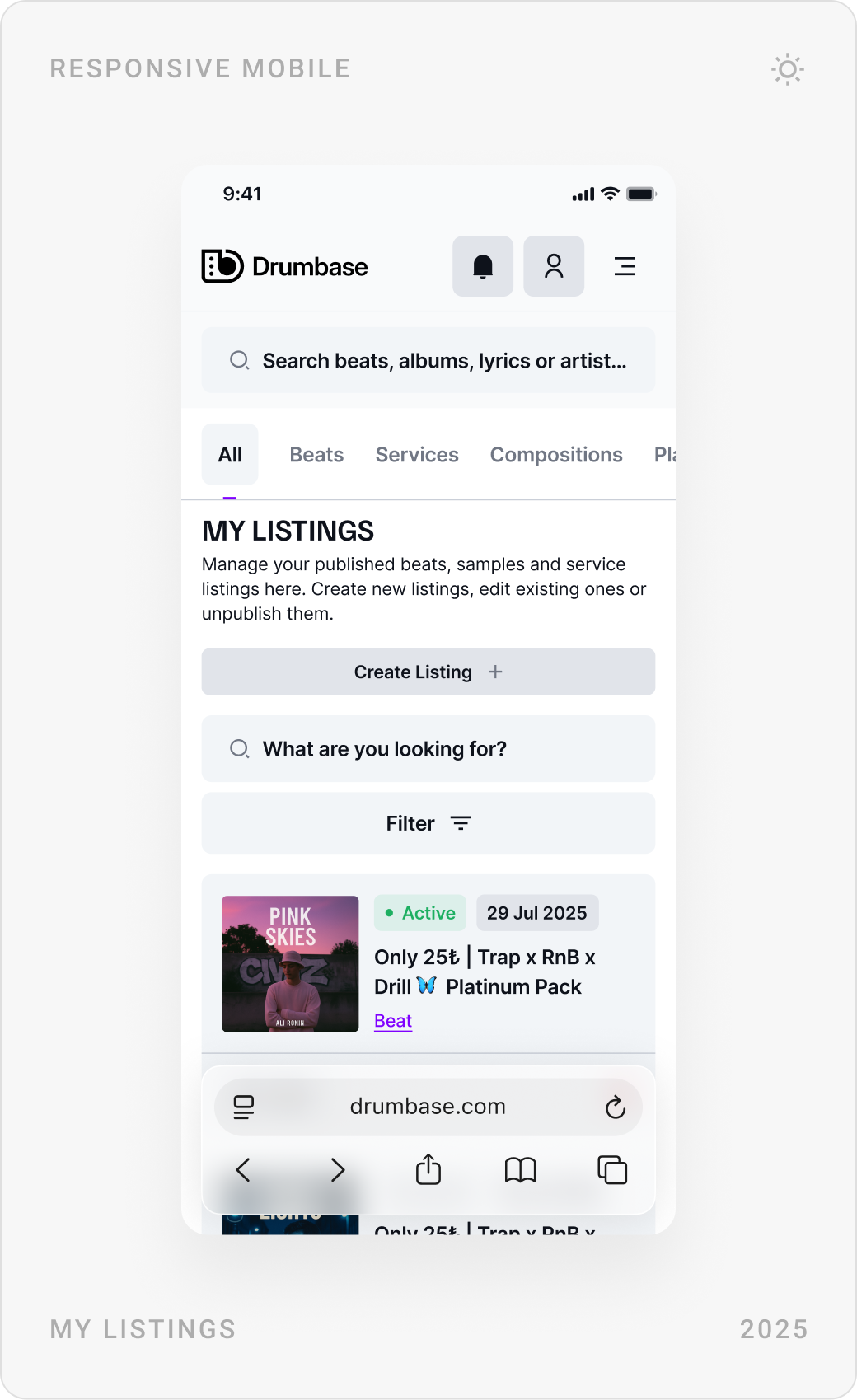 Mobile seller screens: analytics with earnings, a negotiation at 80%, and My Listings