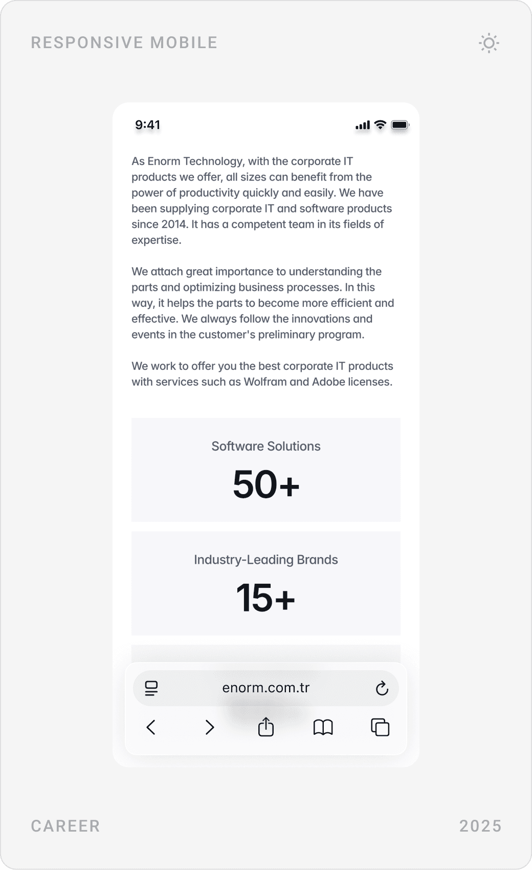 Mobile careers page: “It’s never been a more exciting time to join Enorm”, office photo and company figures