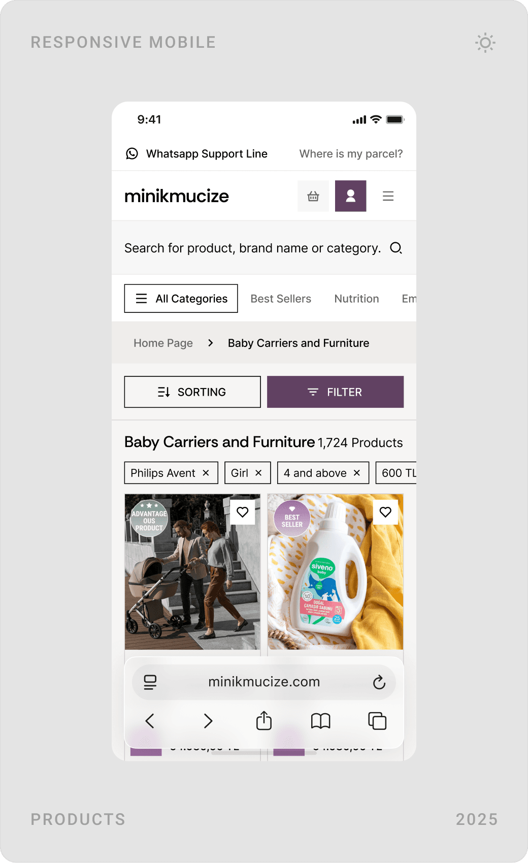 Mobile category listing for baby carriers and furniture, product grid, and filter panel with brands and price histogram