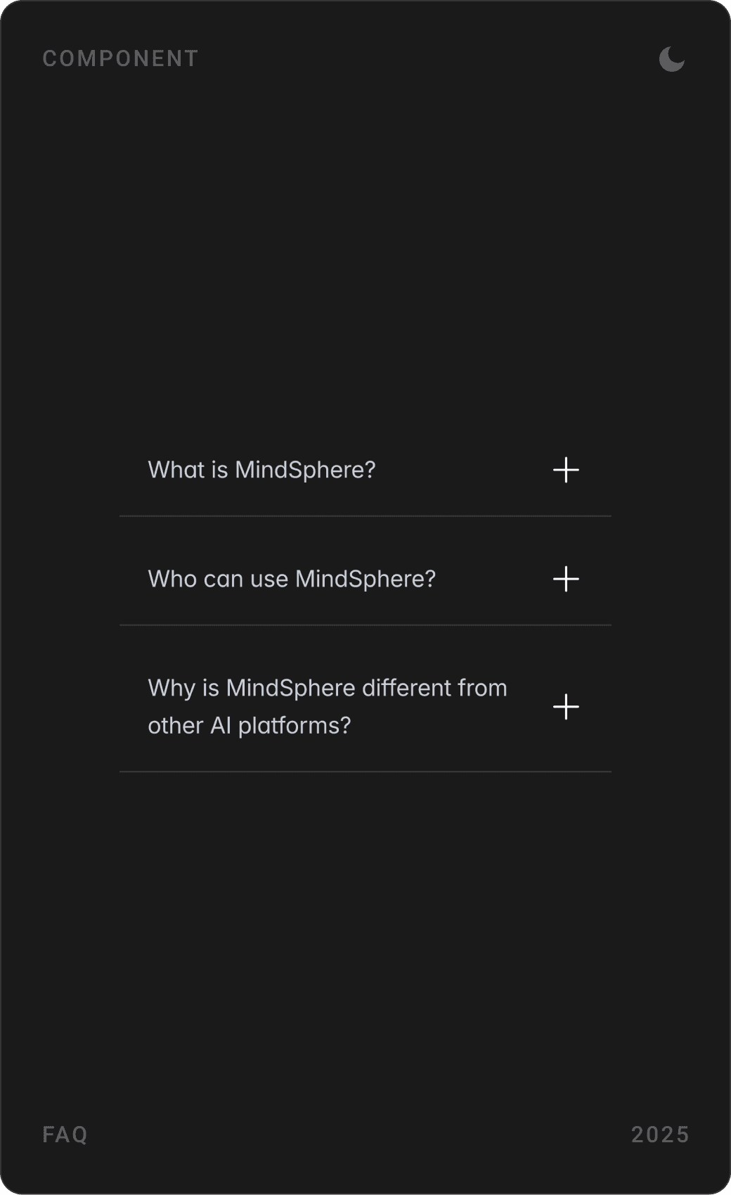 FAQ components: collapsed question list, topic menu from General to Support, and an expanded “What is MindSphere?” answer