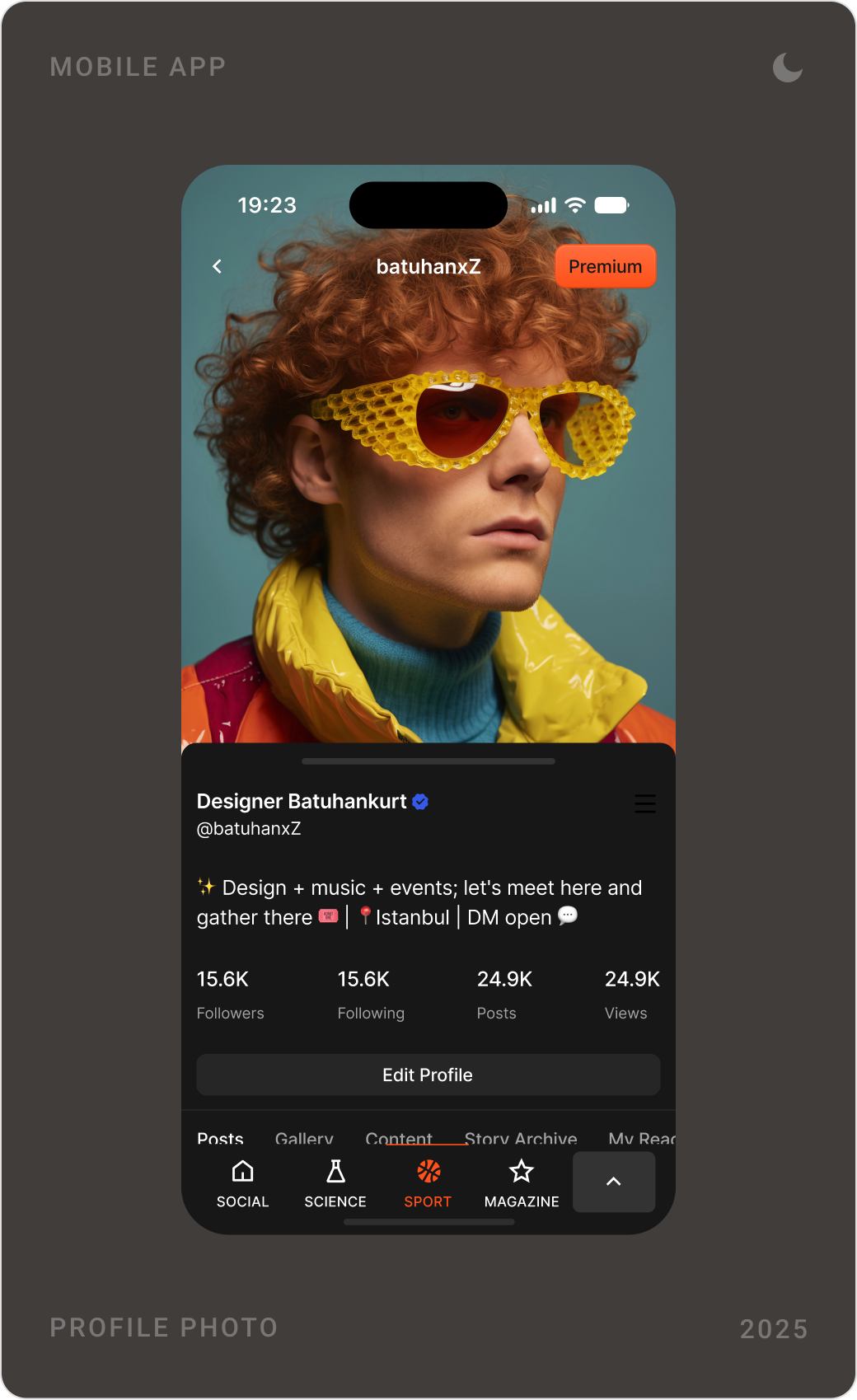 Dark mode profile menu with saved items and account settings, a full-screen profile photo and a profile page