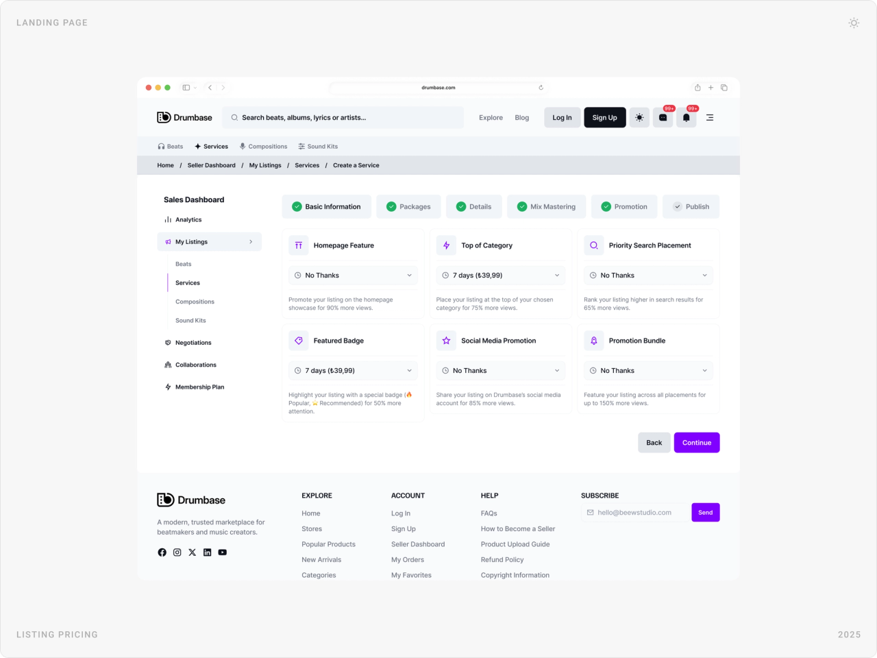 Listing promotion step with homepage feature, top of category, priority search, featured badge and social media promotion