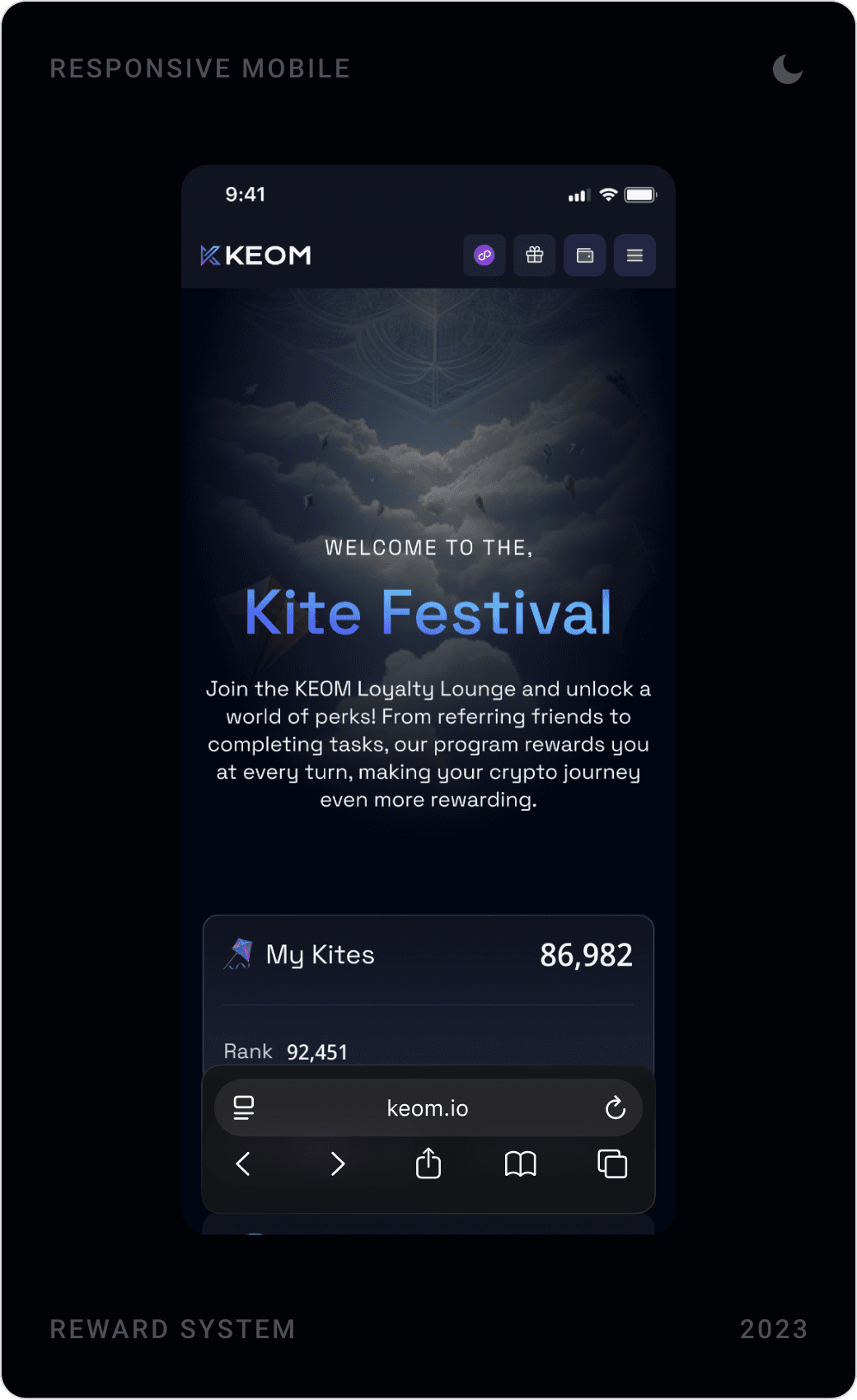 KEOM mobile rewards screens: Kite Festival welcome, task list with Supply on Manta, and points leaderboard
