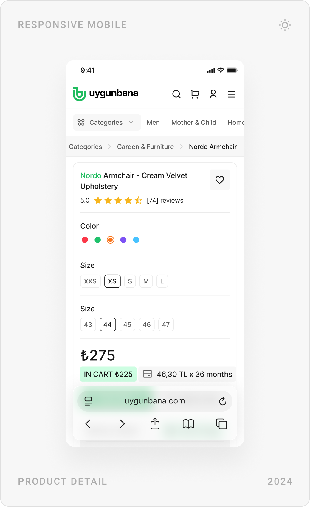 Mobile product reviews with ratings, the product gallery with seller, and colour, size and price options
