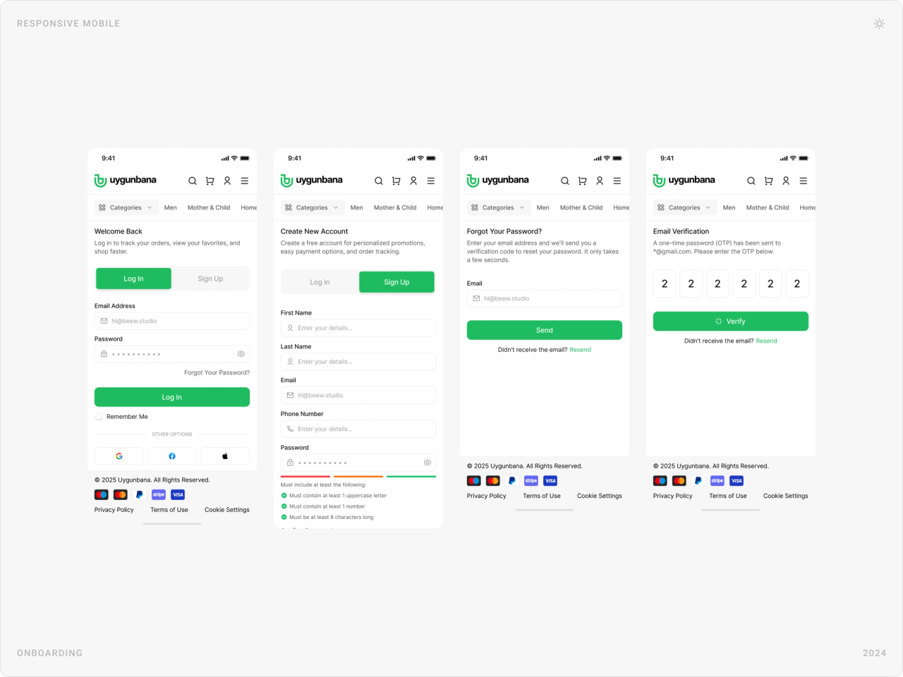 Mobile onboarding screens: log in, create account, forgot password and email verification code
