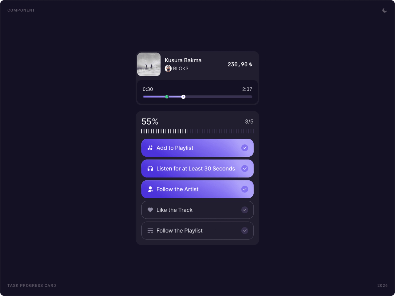 Task progress card for a song: player bar, 55% progress and a checklist of add to playlist, listen 30 seconds and follow the artist