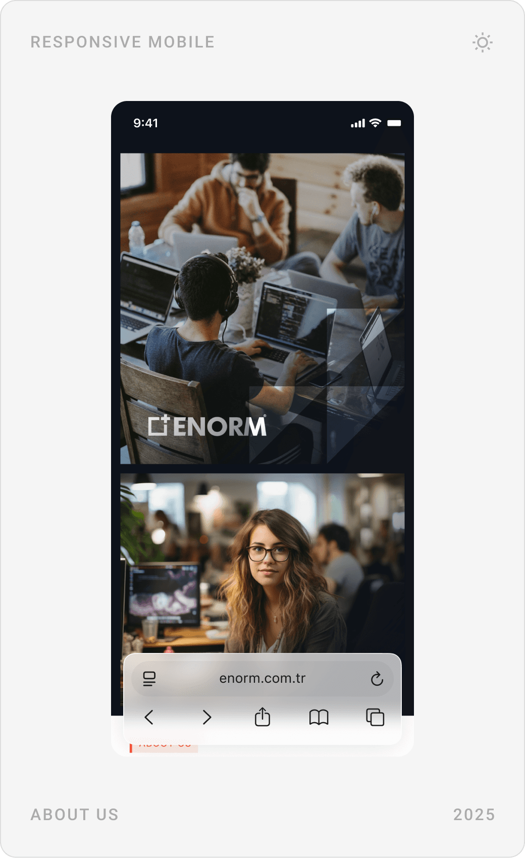 Mobile about page: “At Enorm Technology, we meet organizations’ corporate IT product needs”, team photos and company text