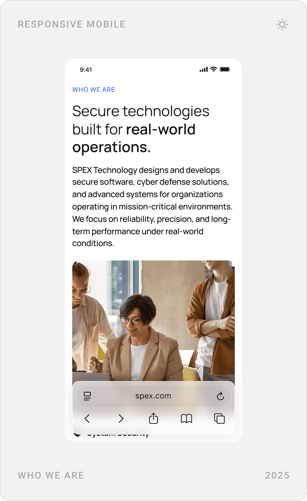 Mobile about page: “We build secure technologies for real-world operations”, who we are, and an “Expert Minds” team section