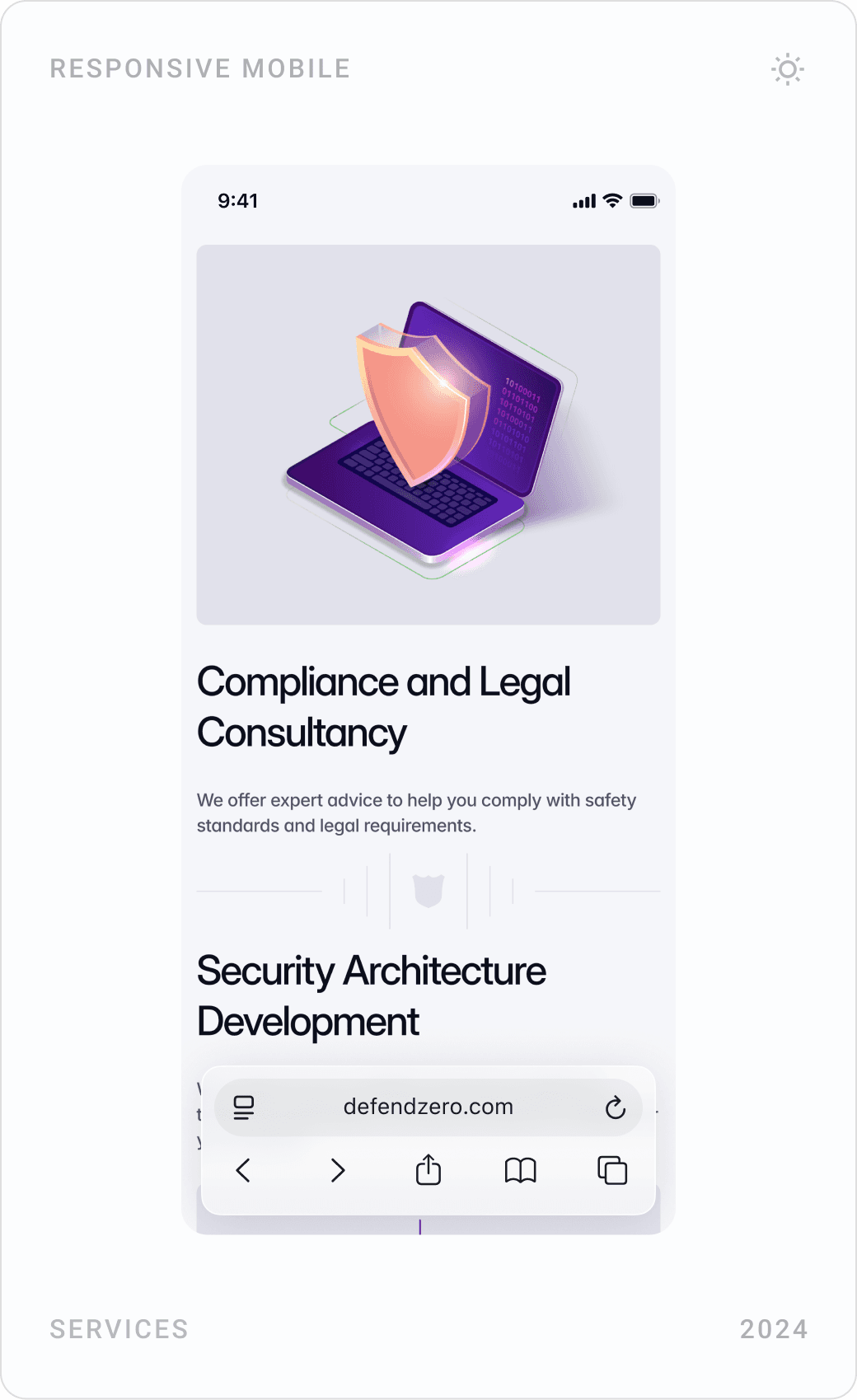 Consultancy mobile pages: hero, risk assessment and cyber security trainings, compliance and legal consultancy, security architecture