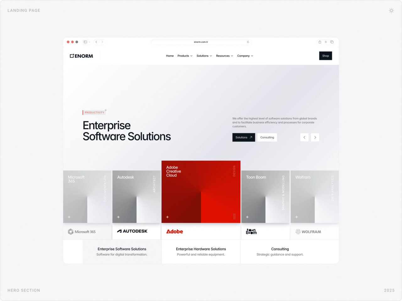 Enorm desktop homepage hero: “Enterprise Software Solutions” with a carousel of Microsoft 365, Autodesk, Adobe, TeamViewer and Wolfram cards