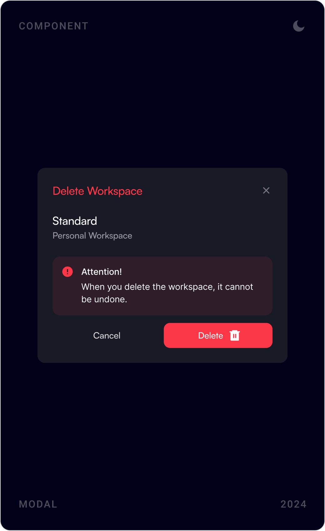 Dark mode modals: create new workspace, project export to zip or FTP server, and delete workspace confirmation