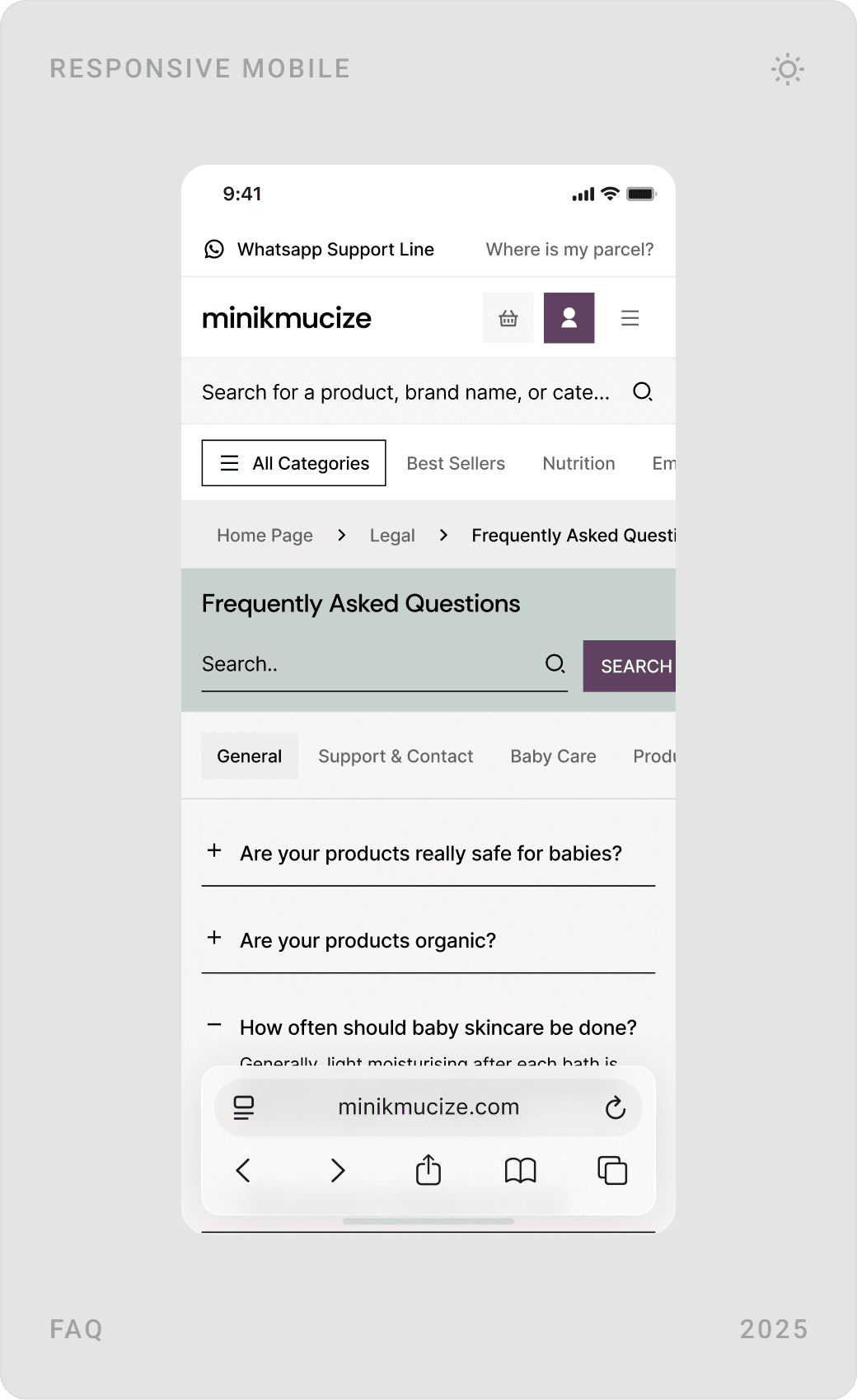 Mobile FAQ with topic tabs, contact page with email, phone and working hours, and about page with vision and mission