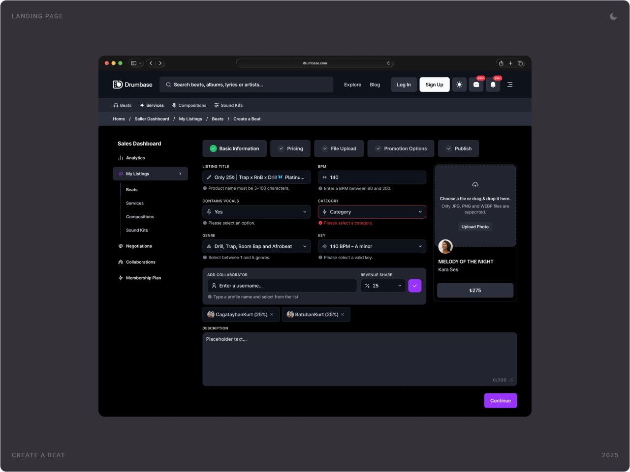 Create a beat form with BPM, vocals, category, genre, key, collaborators with revenue share and artwork upload