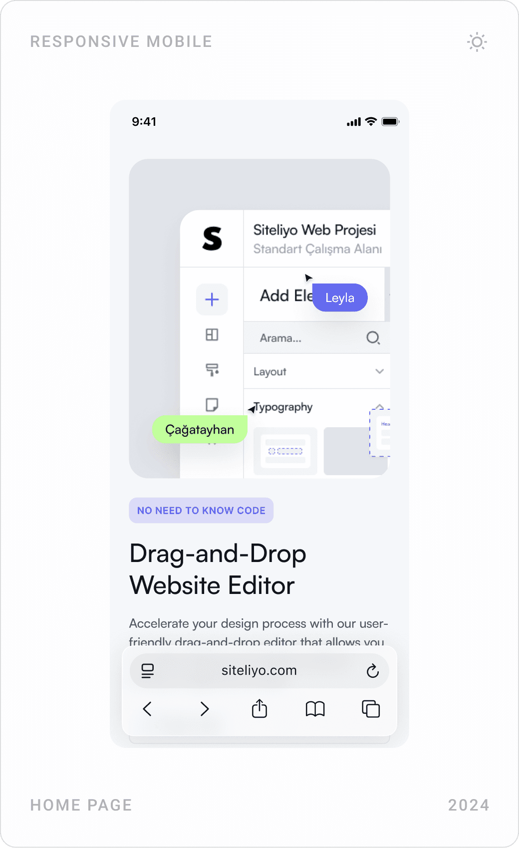 Mobile homepage screens: hero, the drag-and-drop website editor feature and an SEO optimisation score gauge