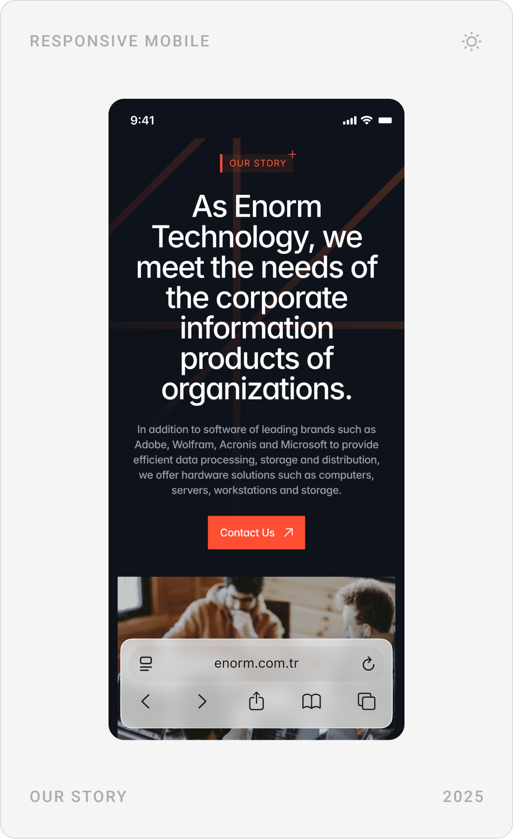 Mobile company story, team photo collage and “Unique Software Solutions” with 50+, 15+ and 100+ figures