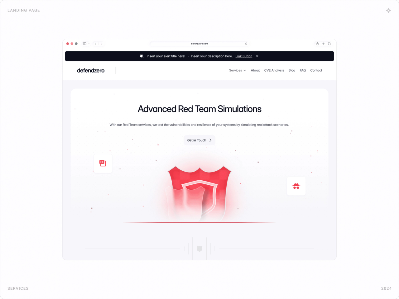 Red Team service page: “Advanced Red Team Simulations” with Get in Touch button and a red 3D shield
